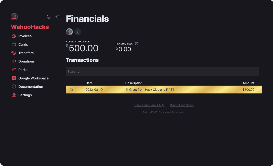 Screenshot of a grant in the form of a transaction on a Hack Club Bank ledger